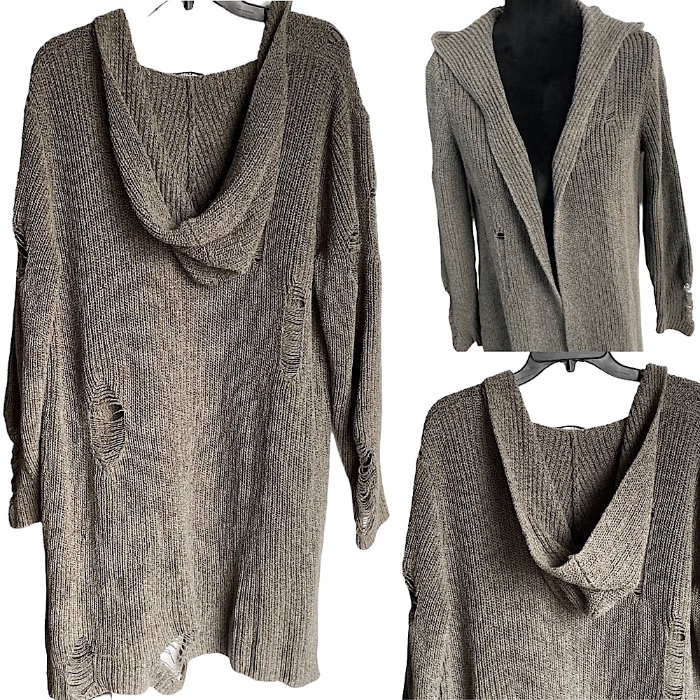 Distressed Hooded Knit Sweater - Taupe